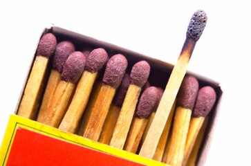Matchbox and one burning match seen from above on white