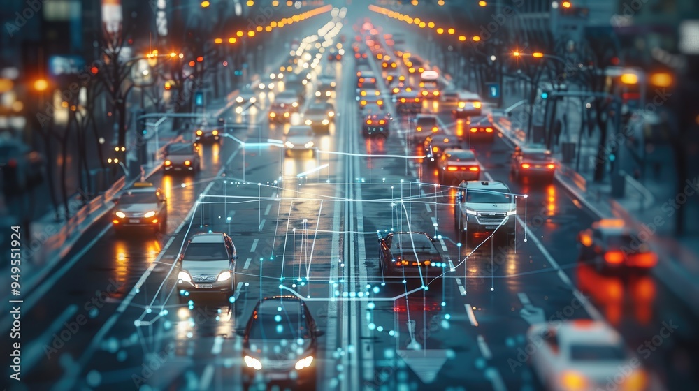 Poster Smart Traffic System in a Futuristic City, A high-tech cityscape where vehicles move seamlessly thanks to an integrated smart traffic system. Transparent virtual interfaces hover above intersections.