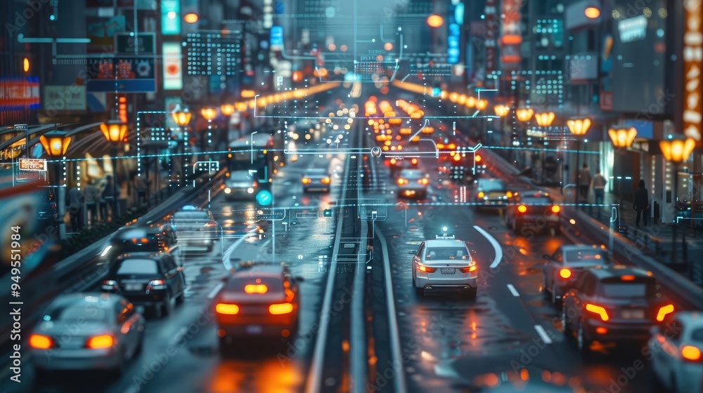 Poster Smart Traffic System in a Futuristic City, A high-tech cityscape where vehicles move seamlessly thanks to an integrated smart traffic system. Transparent virtual interfaces hover above intersections.