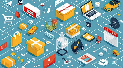 Obraz premium A colorful image of a shopping cart and a laptop, with a car