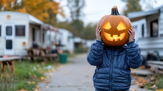 A child dressed warmly in a jacket playfully wears a jack-o-lantern head while standing in an autumn-themed RV park, creating a fun and festive Halloween atmosphere.