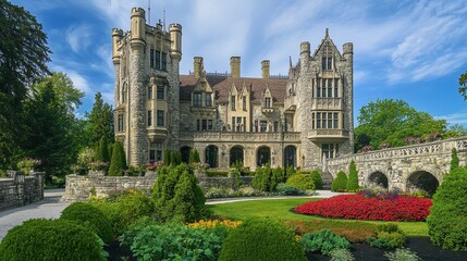 Obraz premium A grand stone castle surrounded by lush gardens and vibrant flowers under a blue sky.
