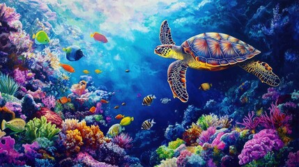 Obraz premium A lively coral reef teeming with neon fish, larger schools swimming in unison, and a sea turtle gracefully navigating the vibrant underwater landscape