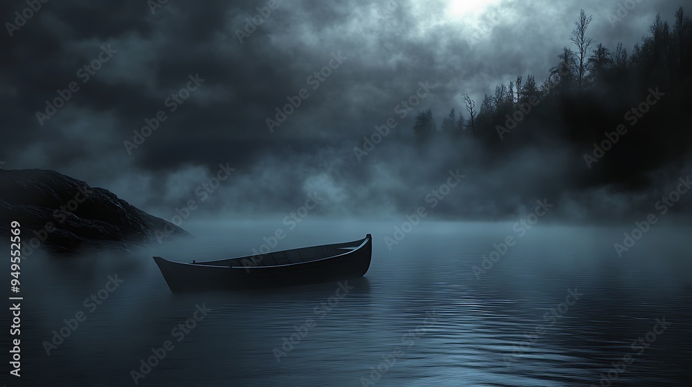 Wall mural mysterious fog rolling over a spooky lake with a lone boat, perfect for a halloween night scene. 32k