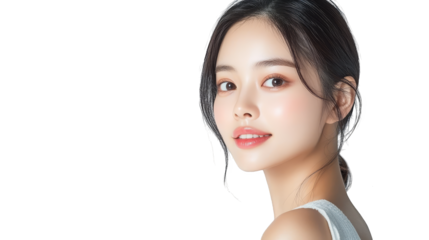 Beautiful Woman with Black Hair and White Tank Top Looking Away