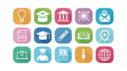 Fototapeta premium A vibrant array of colorful educationrelated icons displayed on a clean white background, providing a cheerful and engaging visual experience