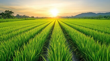 A lush rice paddy field with perfectly straight, green rows extending into the horizon under a clear, sunny sky, symbolizing growth and prosperity