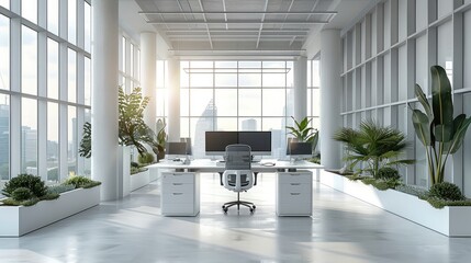 A modern office with ergonomic furniture, featuring adjustable chairs with lumbar support, height-adjustable desks, keyboards. with sleek furniture arranged to optimize comfort and productivity.