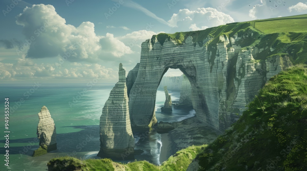 Sticker Dramatic cliff arch with ocean and sky.