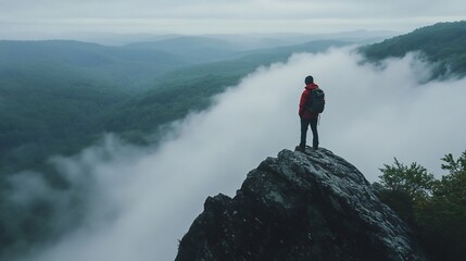 Hiker standing on a mountain peak overlooking a vast foggy valley below