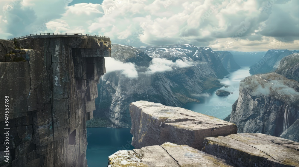 Wall mural Dramatic cliffside overlooking a fjord with snow-capped mountains and clouds.