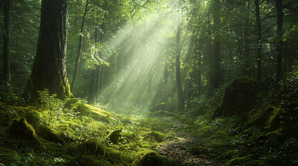 Fototapeta premium Enchanting misty forest with ancient trees and lush greenery, high quality, photorealistic, featuring hidden pathways and ethereal ambiance::0.8 fairies, woodland creatures, rays of sunlight, 