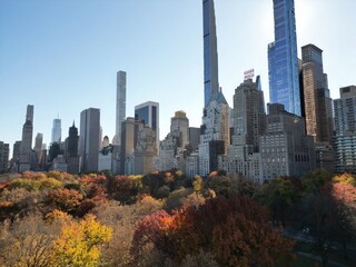 Obraz premium Autumn Fall. Autumnal Central Park view from drone. Aerial of NY City Manhattan Central Park panorama in Autumn. Central Park during autumn in New York City.