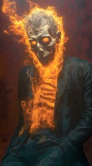 Obraz premium An illustration of a skull and skeleton man in a suit, engulfed in flames.