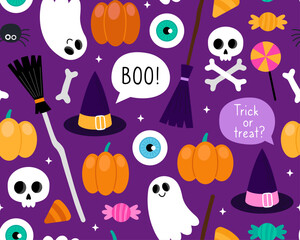 Halloween seamless pattern. Magic halloween cartoon illustration on a dark purple background. Witch hat, broom, pumpkin, ghost, spider, potion, candy, bones, eyes. Design for wrapping paper, textile.