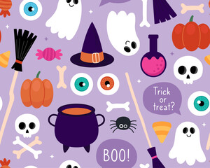 Halloween seamless pattern. Magic halloween cartoon illustration on a purple background. Witch cauldron, broom, hat, pumpkin, ghost, spider, potion, candy, skull. Design for wrapping paper, textile.