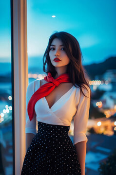 Fototapeta  a stylish woman in front of a large window overlooking a scenic outdoor view, wearing a white top with a red scarf and a black skirt with white polka dots, during night time