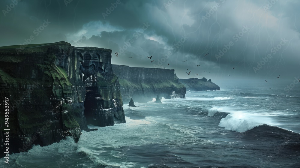 Wall mural Dramatic coastal cliffs with crashing waves under a stormy sky.