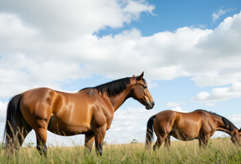 Fototapeta premium Two brown horses standing in a field.