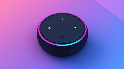 A smart speaker with a colorful design sits on a purple background