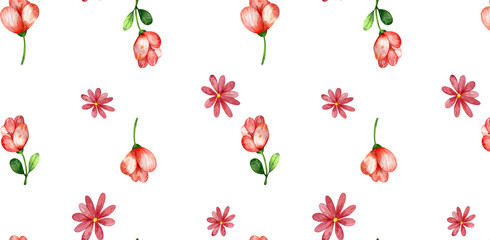 Seamless Pattern. Wild Bright Flowers and Herbs. Watercolor Sketch Illustration. Floral Design. For Postcards, Invitations, Textiles, Flyers, Business Cards