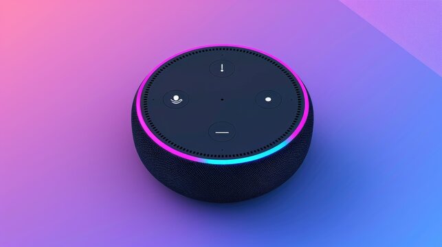 A smart speaker with a colorful design sits on a purple background