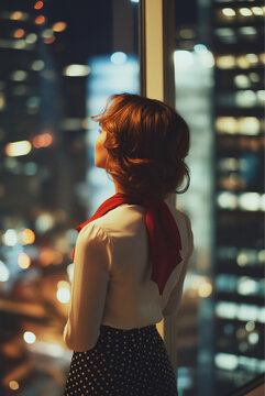 Fototapeta  a stylish woman in front of a large window overlooking a scenic outdoor view, wearing a white top with a red scarf and a black skirt with white polka dots, during night time