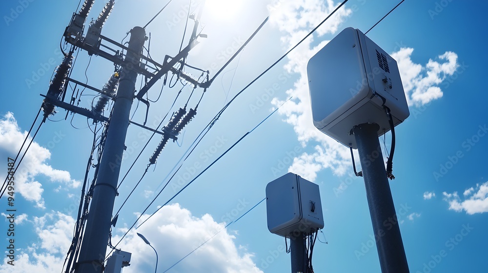 Poster photograph of smart sensors being installed on high voltage power poles enabling real time monitorin