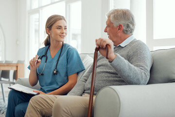 Senior, man and consultation with caregiver for medical care, healthcare or diagnosis at old age...