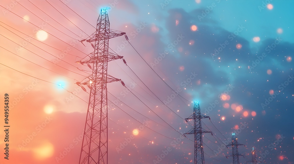 Poster aerial view of high voltage power poles being aligned and optimized using iot technology and data an