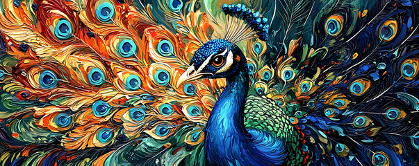 Fototapeta premium Illustration beautiful peacock with feathers out painting.
