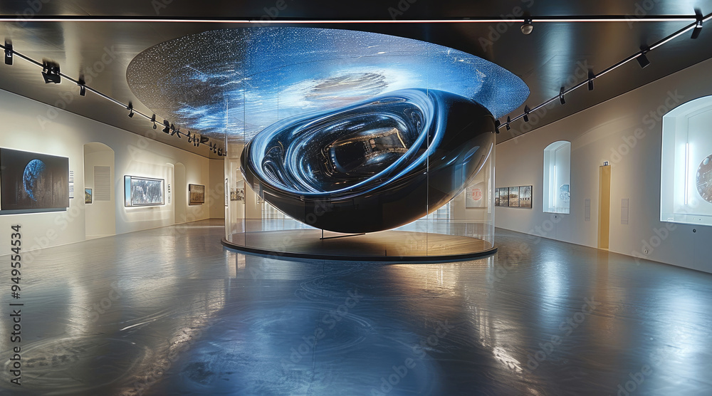 Poster a black hole installation in a museum gallery, the rotating ceiling simulates the distorted space ne