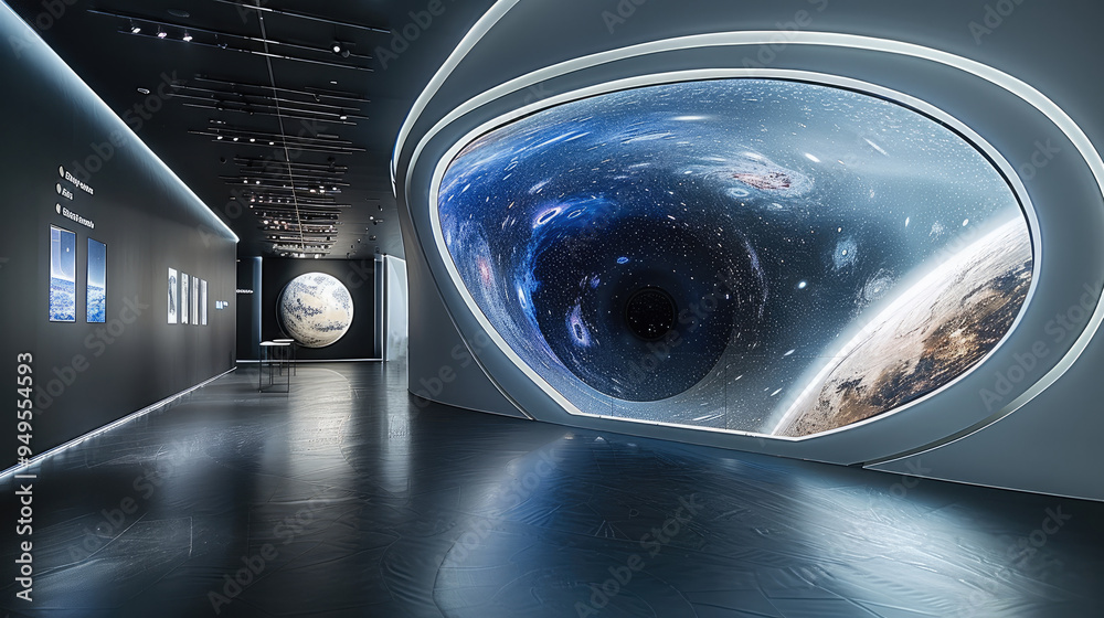 Poster a black hole installation in a museum gallery, the rotating ceiling simulates the distorted space ne