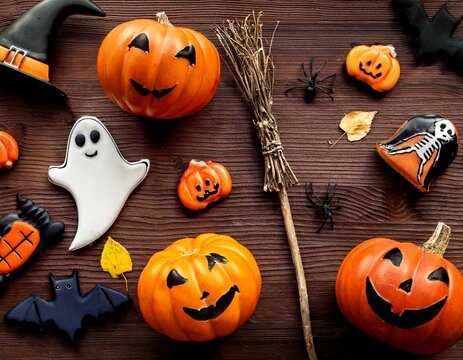 Decoracion para la noche de halloween; brujas, calabazas y fantasmas sobre una mesa de madera