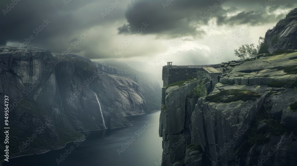 Sticker Dramatic view of a cliff overlooking a fjord in Norway.