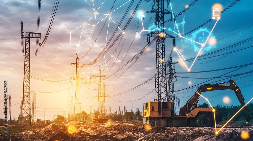 Poster high voltage power poles being installed in a remote countryside using advanced iot monitoring and c
