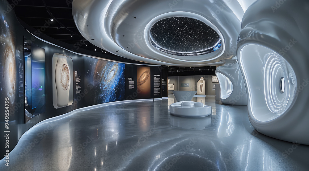 Poster a black hole installation in a museum gallery, the rotating ceiling simulates the distorted space ne