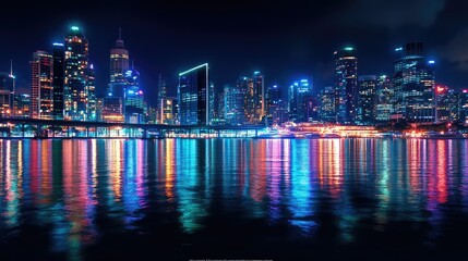 Obraz premium A nighttime cityscape of Sydney's skyline, with skyscrapers illuminated in various hues for Vivid Sydney. The reflections shimmer in the calm waters of the harbor
