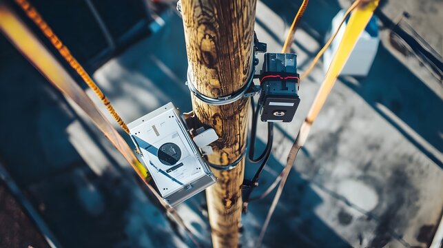 Smart sensors attached to high voltage power poles during installation enabling real time monitoring data analysis and optimization of the electrical grid infrastructure - Powered by Adobe