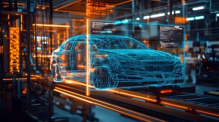Fototapeta premium Visualizing the Digital Twin of a Cutting Edge Car Manufacturing Plant Powered by IoT Technology A large screen showcases the detailed digital replica of the factory s real time monitoring and