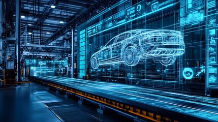 A futuristic visualization of a car manufacturing plant s digital twin controlled by advanced IoT technology and data analytics to optimize production efficiency workflow and sustainability