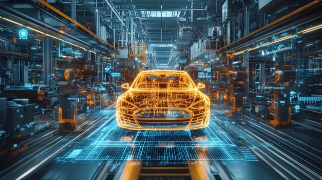Detailed visualization of a car manufacturing plant s digital twin controlled by advanced IoT technology and displayed on a large screen for efficient industrial processes and optimization