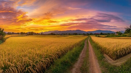 Fototapeta premium A panoramic shot of a rural landscape filled with golden rice fields, ready for harvest, with a dirt road cutting through the fields under a vivid, colorful sky