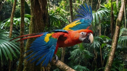 Obraz premium Macaws (red and blue-yellow) flying in rainforest 