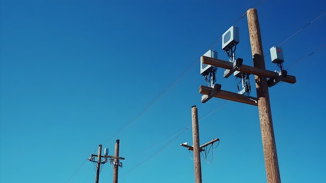 Photograph depicting IoT devices mounted on high voltage power poles monitoring and analyzing data to ensure the stability and safety of the electrical infrastructure during the installation process - Powered by Adobe