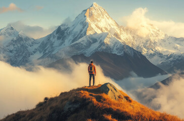 Man standing on the top of snowy mountain with magnificent back view
