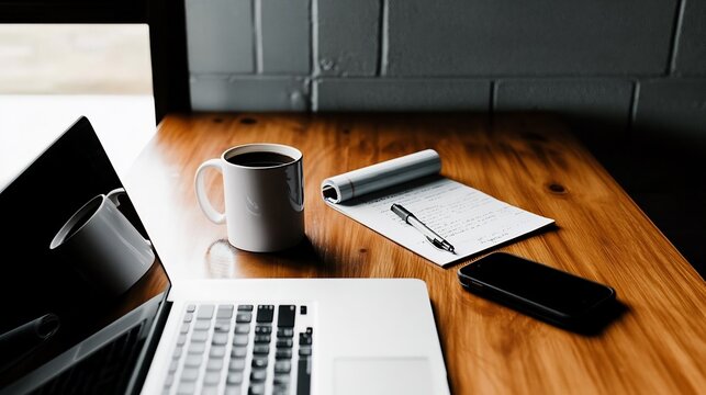 Minimalist desk setup with a laptop coffee and notepad ready for a productive workday