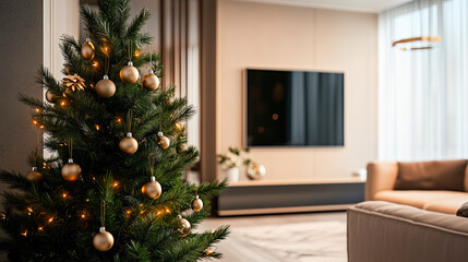 Modern Living Room with Christmas Tree and Festive Decorations in a Cozy Home