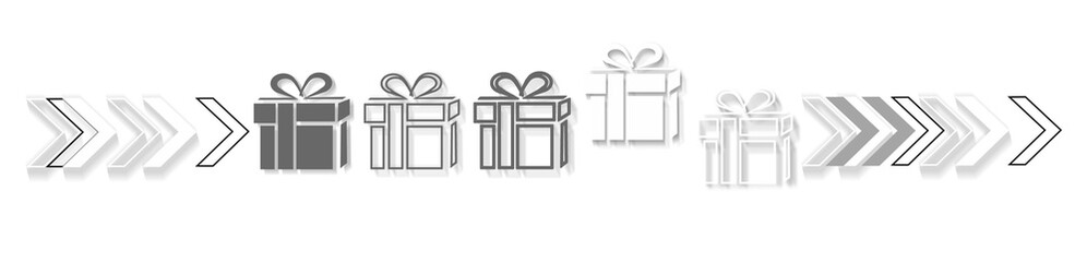 white silhouette arrow icons symbol to the right, rightwards-arrows and christmas gifts in row, isolated