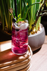 Refreshing purple cocktail standing on wooden coasters with green plant in background